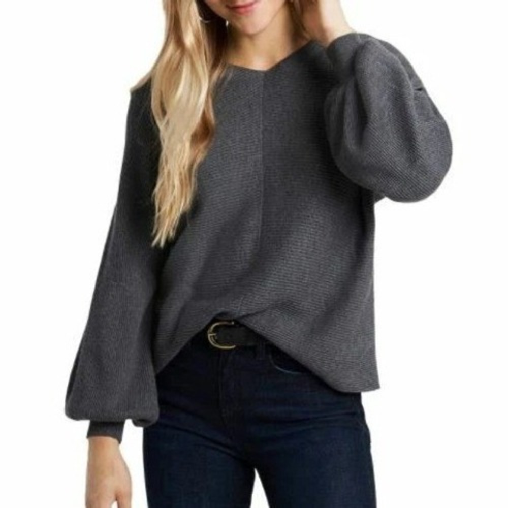 NWT 1.STATE Women's M Gray Ribbed V-Neck Balloon Sleeve Sweater Cotton Blend